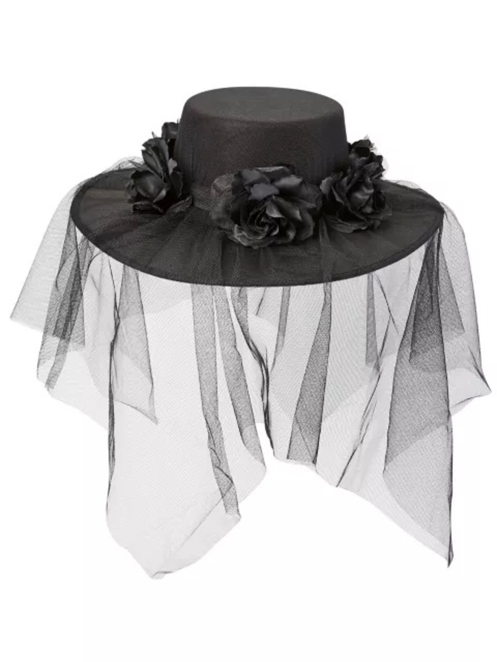 Black Floral Veil Wide-Brim Hat